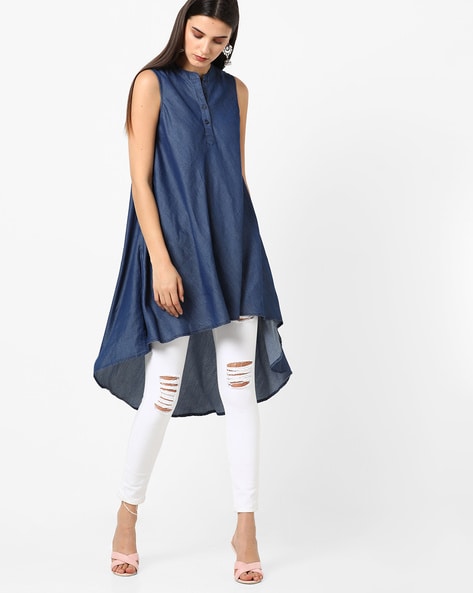 Sleeveless Flared Denim Kurti with Asymmetrical Hemline