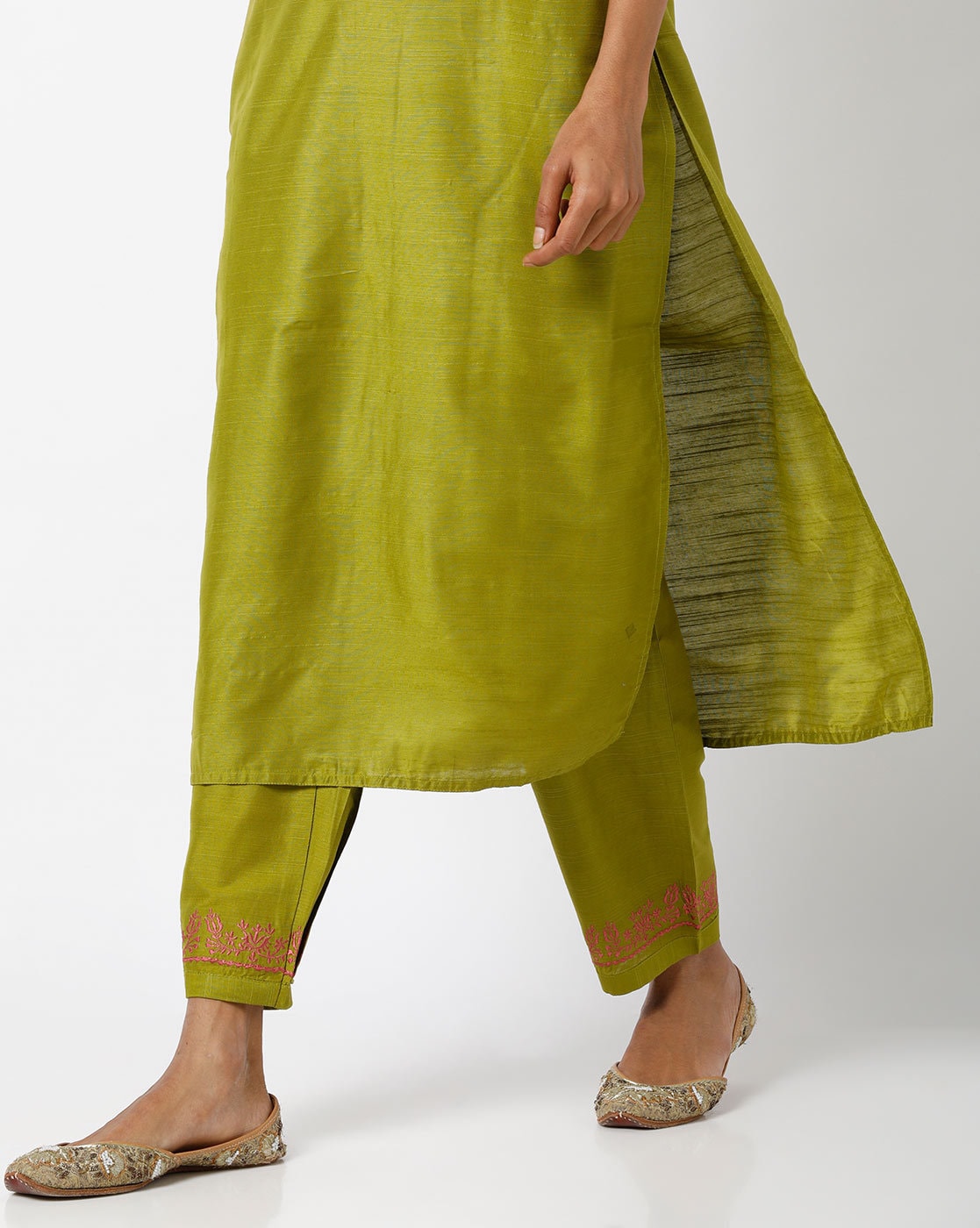 Ankle-Length Pants with Embroidered Hem