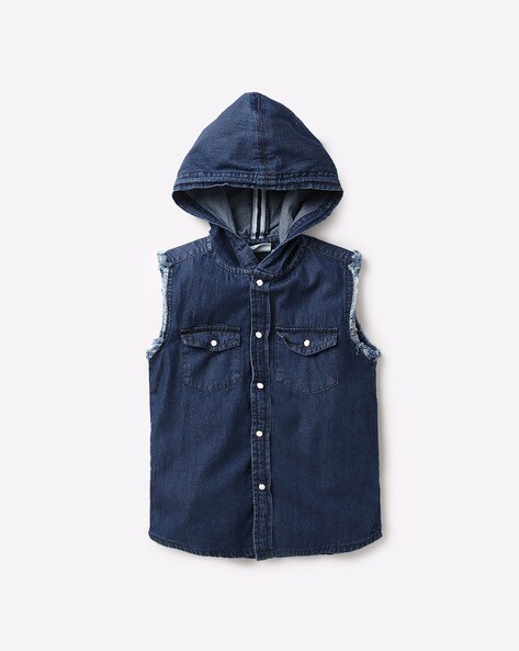 Men's Blue-GrayHood Casual Denim Biker Hoodie Shirt Sleeveless Hooded Vest  Jacket -