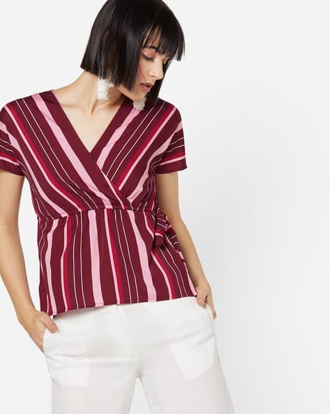 Striped Peplum Top With Drawstring Tie-Up By Oxolloxo ( Wine )