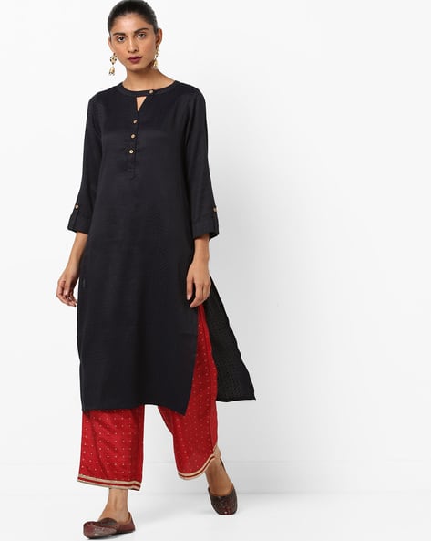 Textured Straight Tunic With Cutout Neckline By Global Desi ( Black )