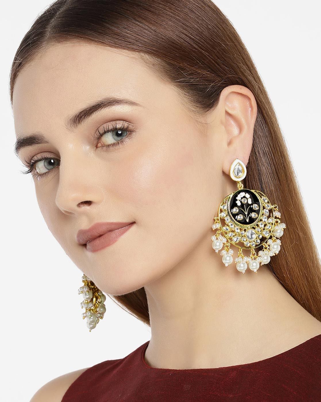 Zaveri Pearls Red Gold-Plated Stone-Studded Enamelled Crescent-Shaped Drop  Earrings - Absolutely Desi