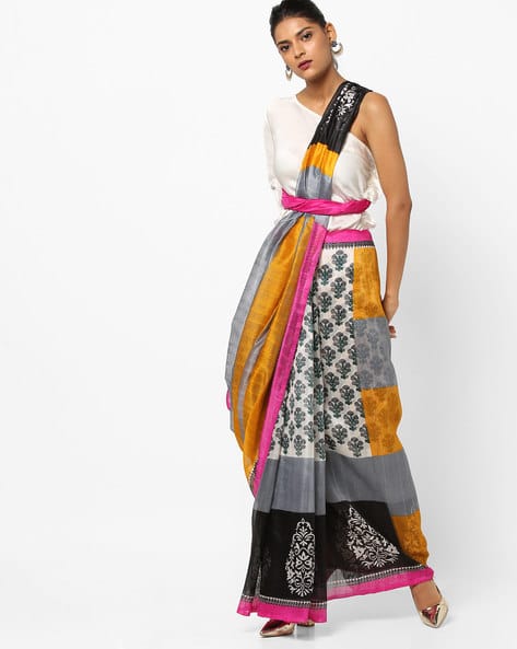 Printed Bhagalpuri Saree With Contrast Border By Florence ( Blackwhite )