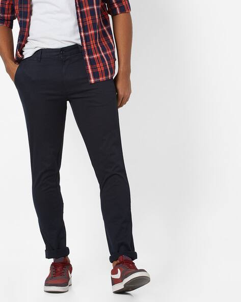 Textured Slim Fit Flat-Front Trousers By British Club ( Navyblue )