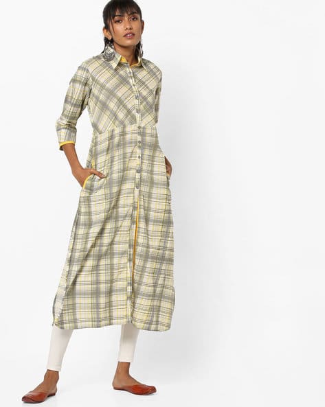 Checked Button-Down Kurta With Spread Collar By Tulsattva ( Yellow )