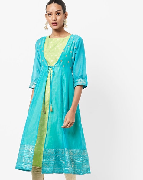 Printed Embellished Flared Kurta with Tie-Up