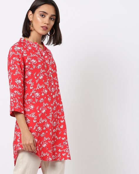 Floral Print Kurti with Curved Hemline