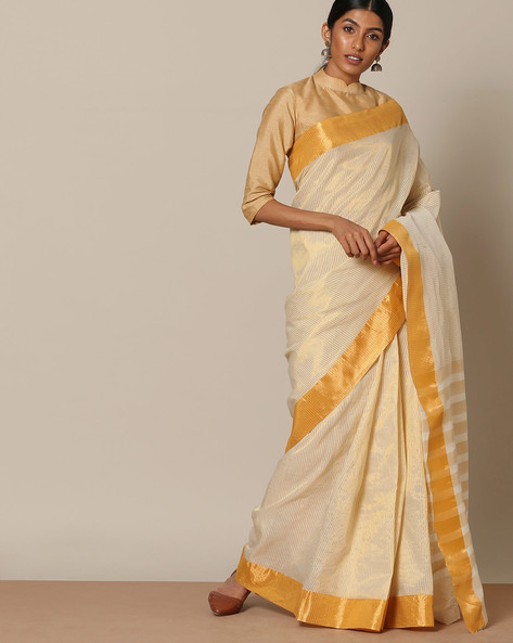 Buy Teejh Kalyani White and Gold Kerala Cotton Kasavu Saree with Unstitched  Blouse online