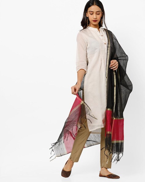 Chanderi Dupatta with Contrast Border & Tassels Price in India