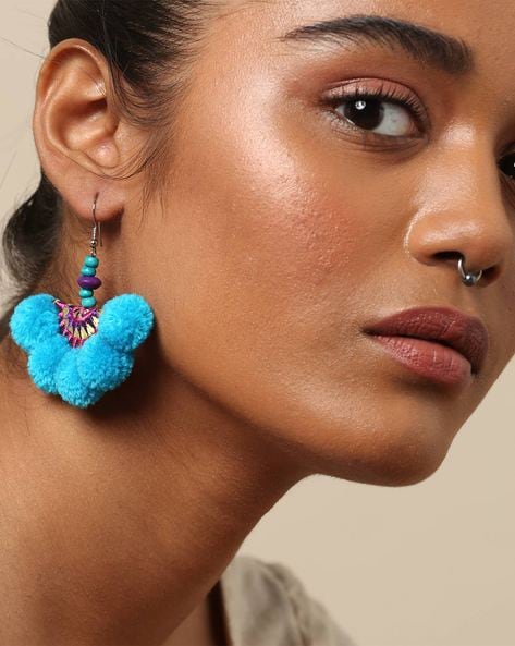 2pcs Autumn & Winter Soft Blue Color Earrings - Plush Flower & Pom Pom Long  Dangle Earrings For Women, Trendy Ins Style | SHEIN USA