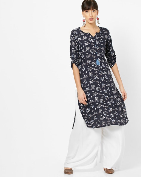 Floral Print Straight Kurta with Notched Neckline