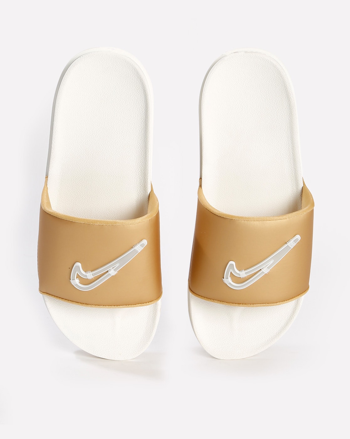 nike slippers gold logo