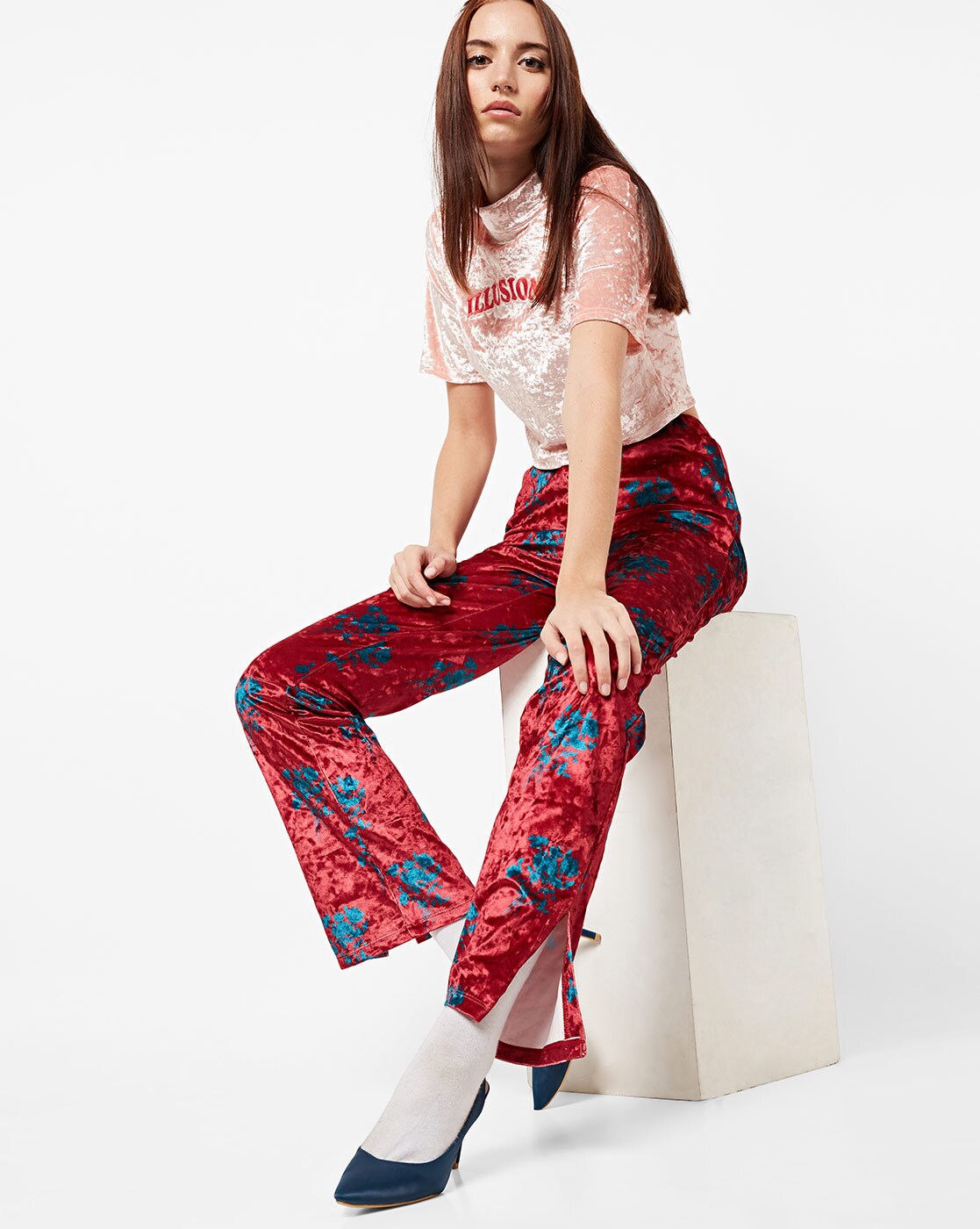 Buy Women Turquoise Floral Velvet Bell Bottom Pants Online at Sassafras