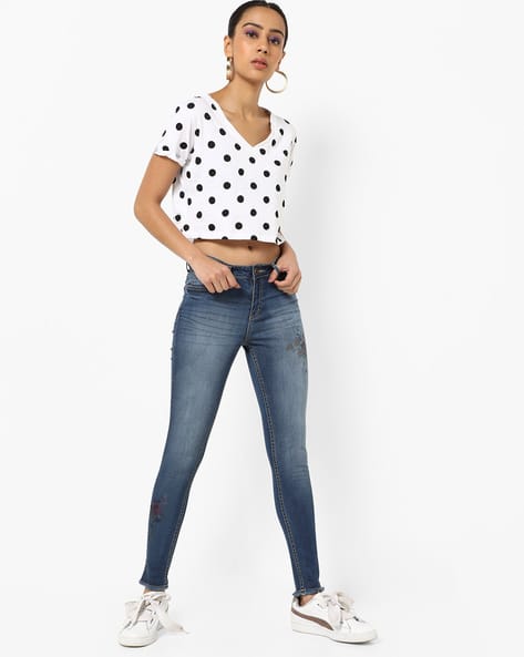 Women Mid-Wash Skinny Jeans with Floral Motif