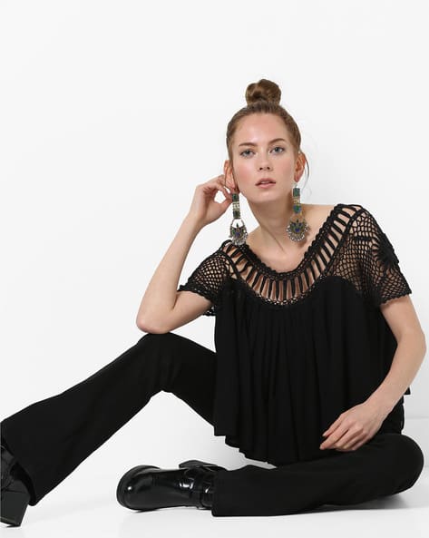 Pleated Boxy Top With Crochet Lace Panel By AJIO ( Black )