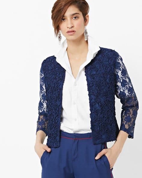 Embroidered Jacket with Sheer Lace Sleeves