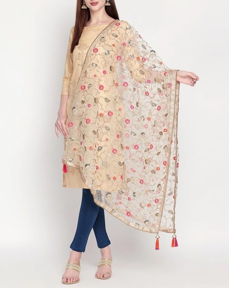 Floral Embroidered Net Dupatta with Beaded Border Price in India