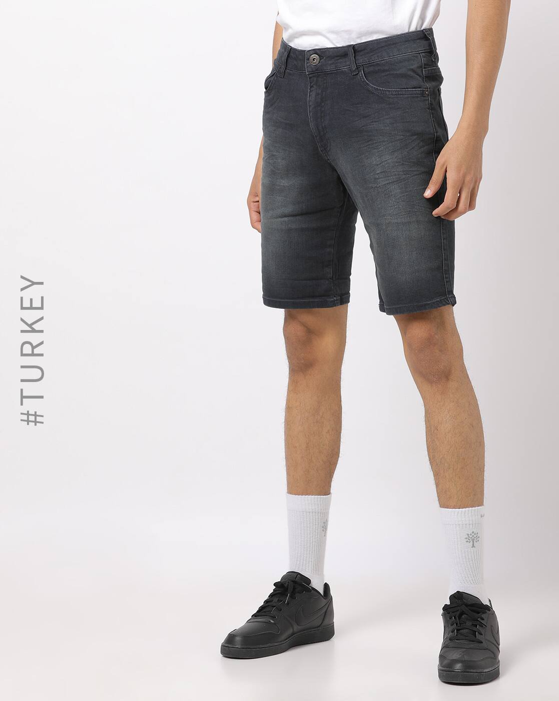 mid wash denim shorts