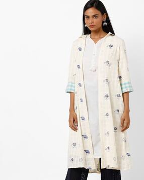 ajio Floral Print Longline Shrug with Contrast Sleeve Hems-picture-3
