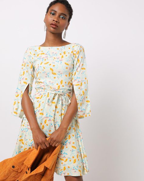 Printed Flared Dress with Fabric Belt