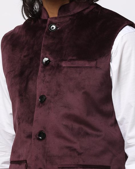 Solid Color Polyester Nehru Jacket in Wine : MZJ1