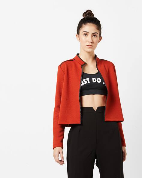 Knitted Open-Front Jacket With Woven Motifs By AJIO ( Darkred )