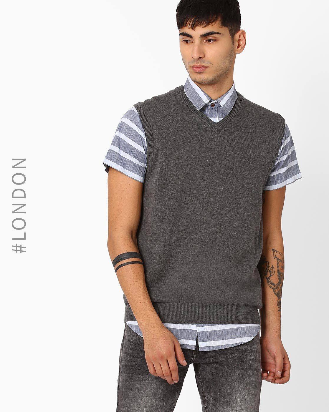 Mens v neck sleeveless knitted pullover sweater sleeveless classic easy care