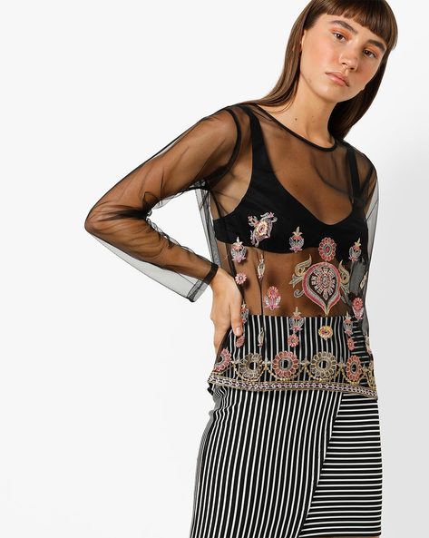 Black sheer floral cheap embroidered top