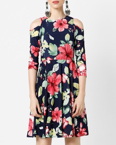 red and blue floral dress