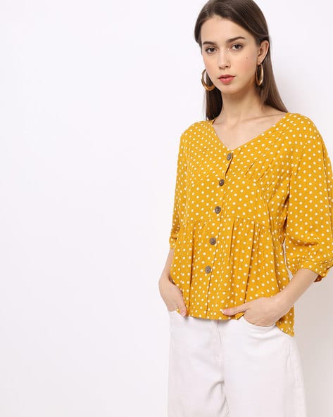 Ladies Tops Mustard Yellow Polka Dot Top Yellow Self Design Casual