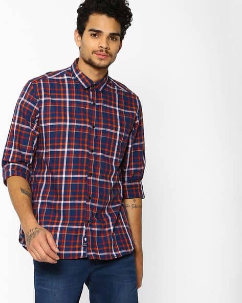 blue check shirt combination