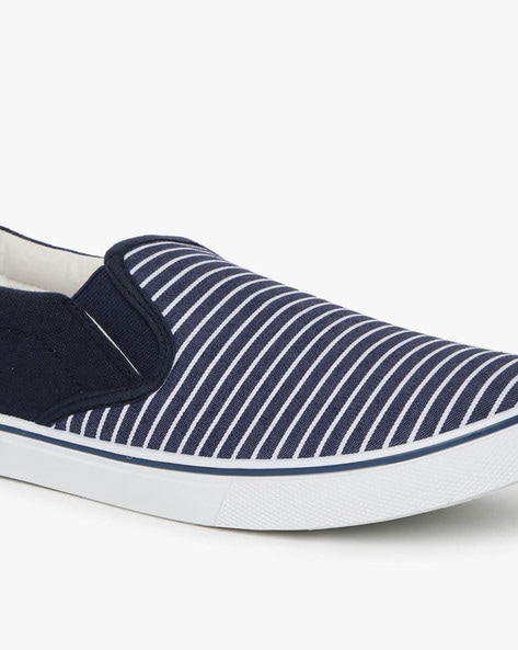 blue and white striped slip on shoes