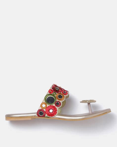 Embroidered Flat Sandals with Mirror-Work