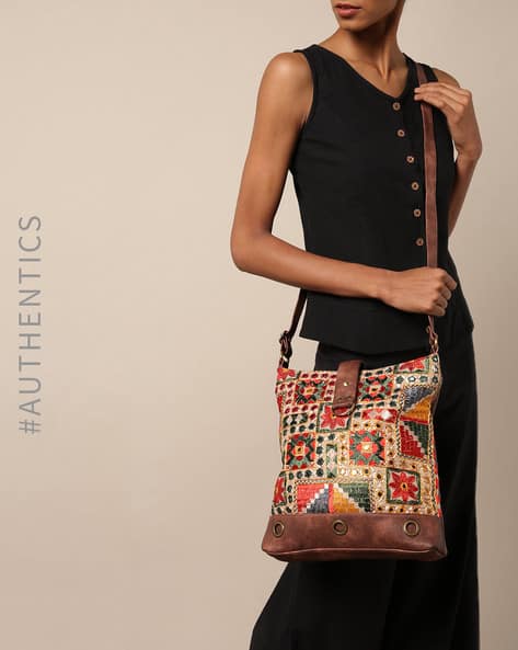 Handblock Kalamkari Kilim Vegan Leather Sling Bag By A BIG INDIAN STORY ( Tan ) - 460203249001
