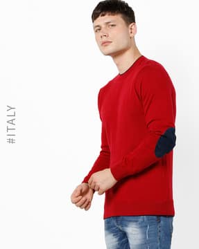 Knitted Crew-Neck Sweater with Contrast Elbow Patches