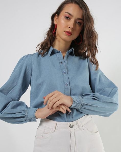 Puff-sleeve denim shirt dress in blue - Stella Mc Cartney | Mytheresa | Denim  shirt dress women, Denim shirt dress, Chic shirts