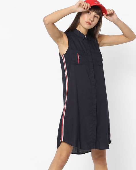 navy sleeveless shirt dress