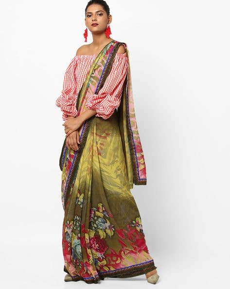 Floral Print Silk Saree With Contrast Border By Florence ( Multi )