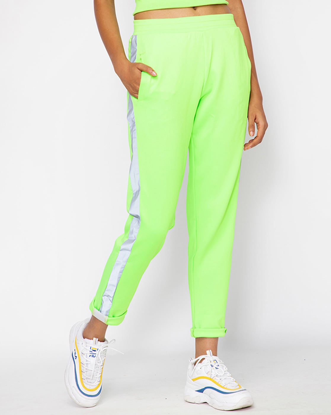 Lime Green and White Classic Slim Fit Track Pants  VacationGrabs