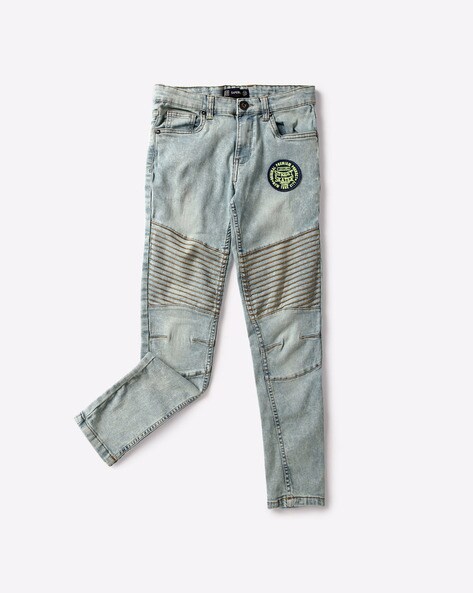 Mid-Rise Acid-Wash Biker Jeans