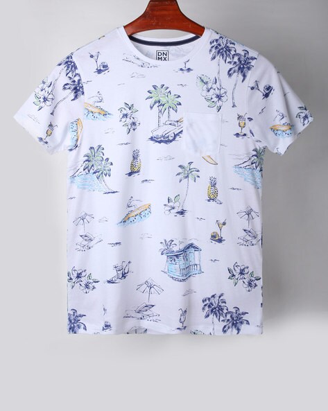 Tropical Print Pocket Crew-Neck T-shirt