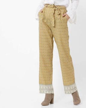 Printed Pleated Trousers with Waist Tie-Up