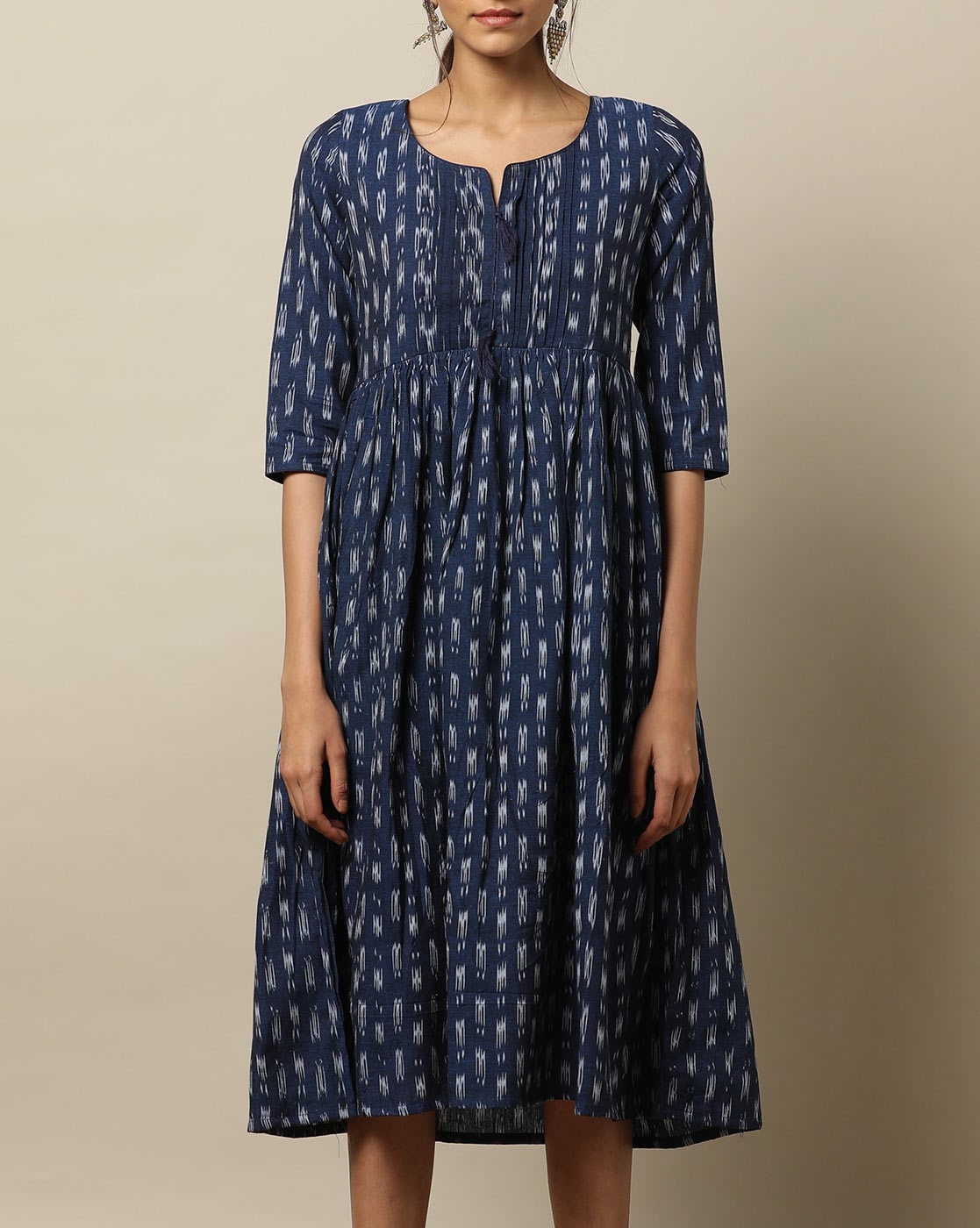 Ikkat Dress with Pleated Sleeves - Essence & Ethos