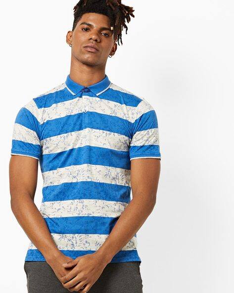 royal blue and white striped polo shirt