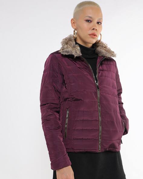 purple fur trim coat