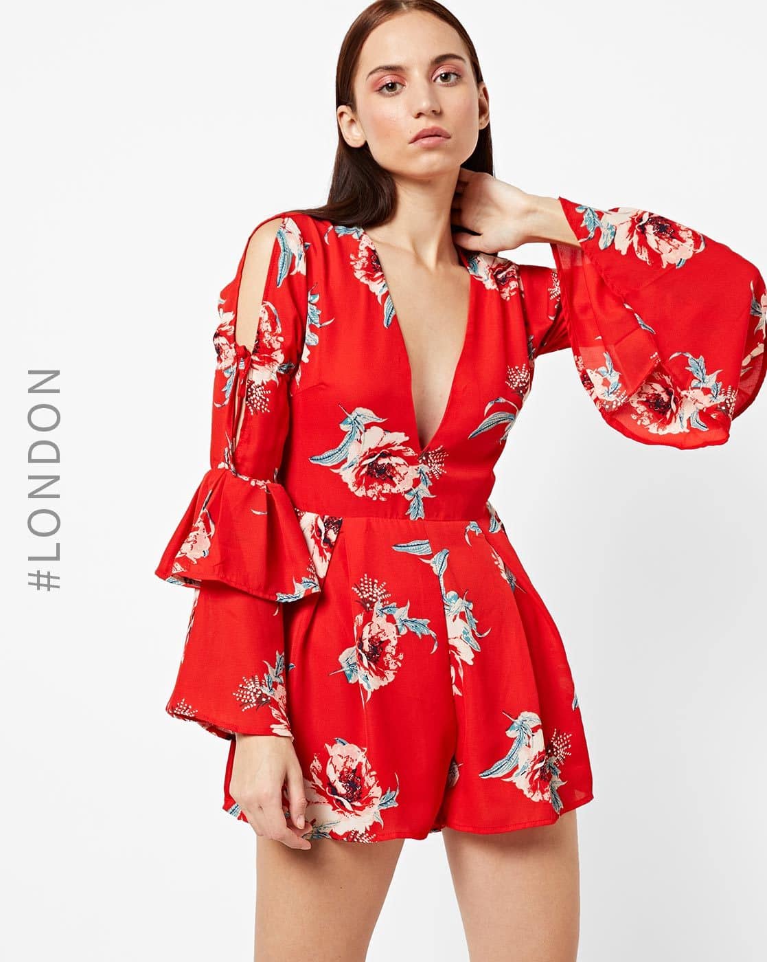 red jumpsuit with bell sleeves