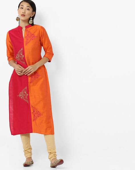 Colourblock Embroidered Straight Kurta With Mandarin Collar By Breya ( Orange )