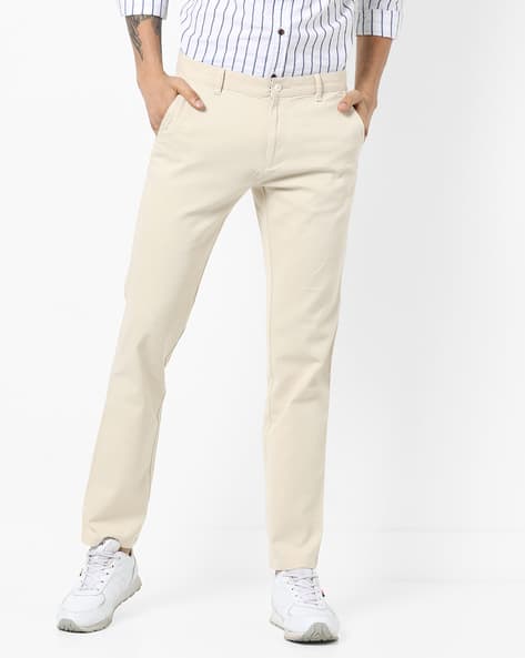 Cotton Slim Fit Flat-Front Trousers By British Club ( Cream )
