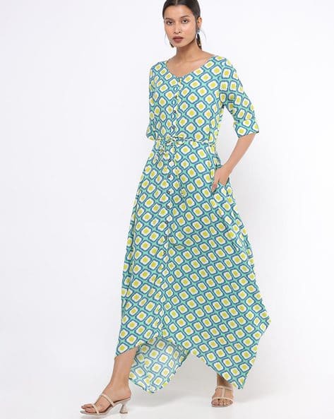Geometric Print Maxi A-line Dress with Insert Pockets
