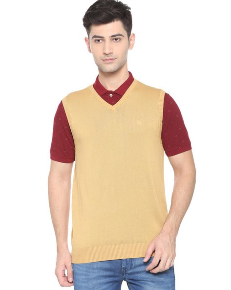 Buy Men Beige Solid V Neck Sleeveless Sweater Online in India